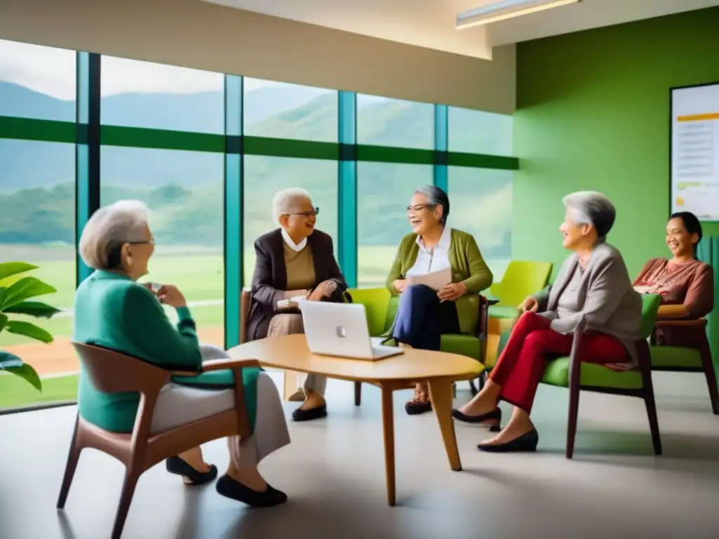 Clase de idiomas para adultos mayores Beneficios viajes lingüísticos adultos mayores en vibrante aula de idiomas con paisaje verde y decoración colorida