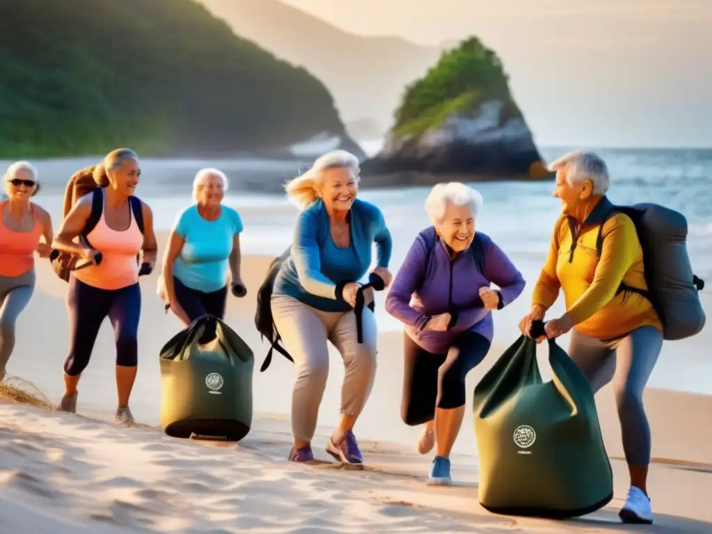 Ejercicios grupales en la playa Viajeros senior realizan ejercicios de fortalecimiento en entorno natural, fomentando vitalidad y camaradería