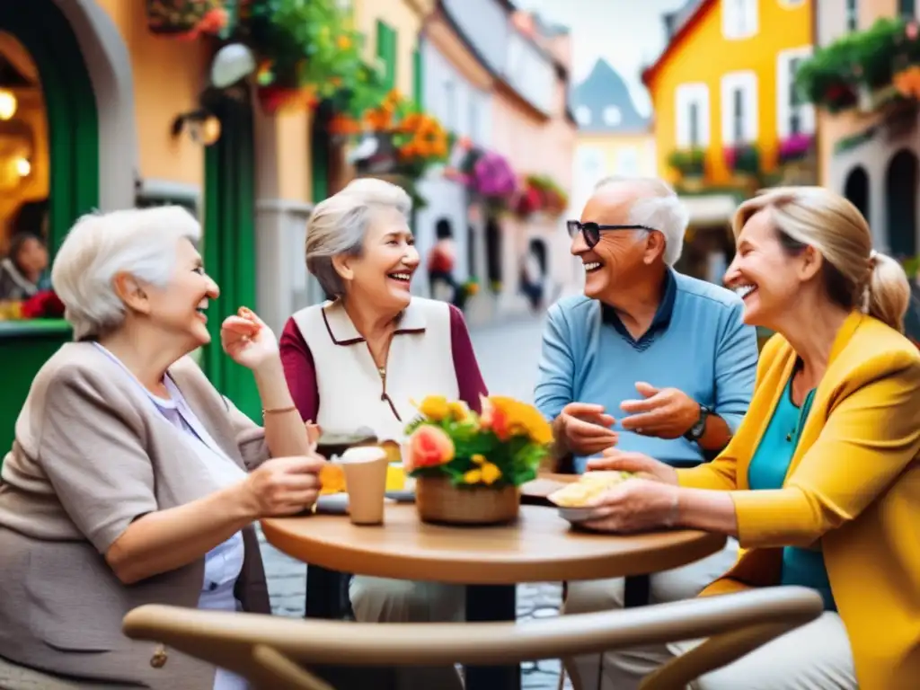 Conversación animada de adultos mayores en viaje de inmersión lingüística Un grupo de adultos mayores disfrutando de un animado viaje de inmersión lingüística, experimentando beneficios emocionales y para la salud