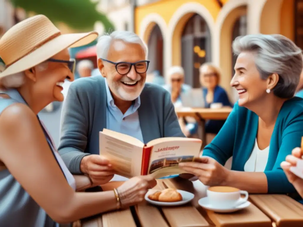 Alegre grupo disfruta de inmersión lingüística Beneficios de viajes lingüísticos para adultos mayores en una animada conversación al aire libre en una ciudad europea