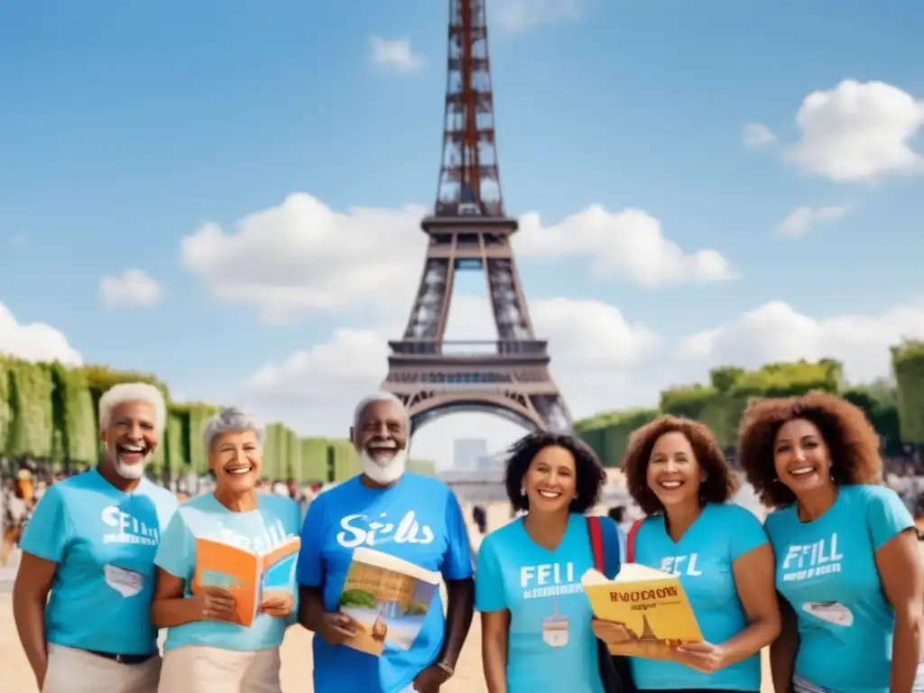 Grupo de adultos mayores felices en la Torre Eiffel de París Sonrientes adultos mayores en la Torre Eiffel, viajes lingüísticos seguros y enriquecedores