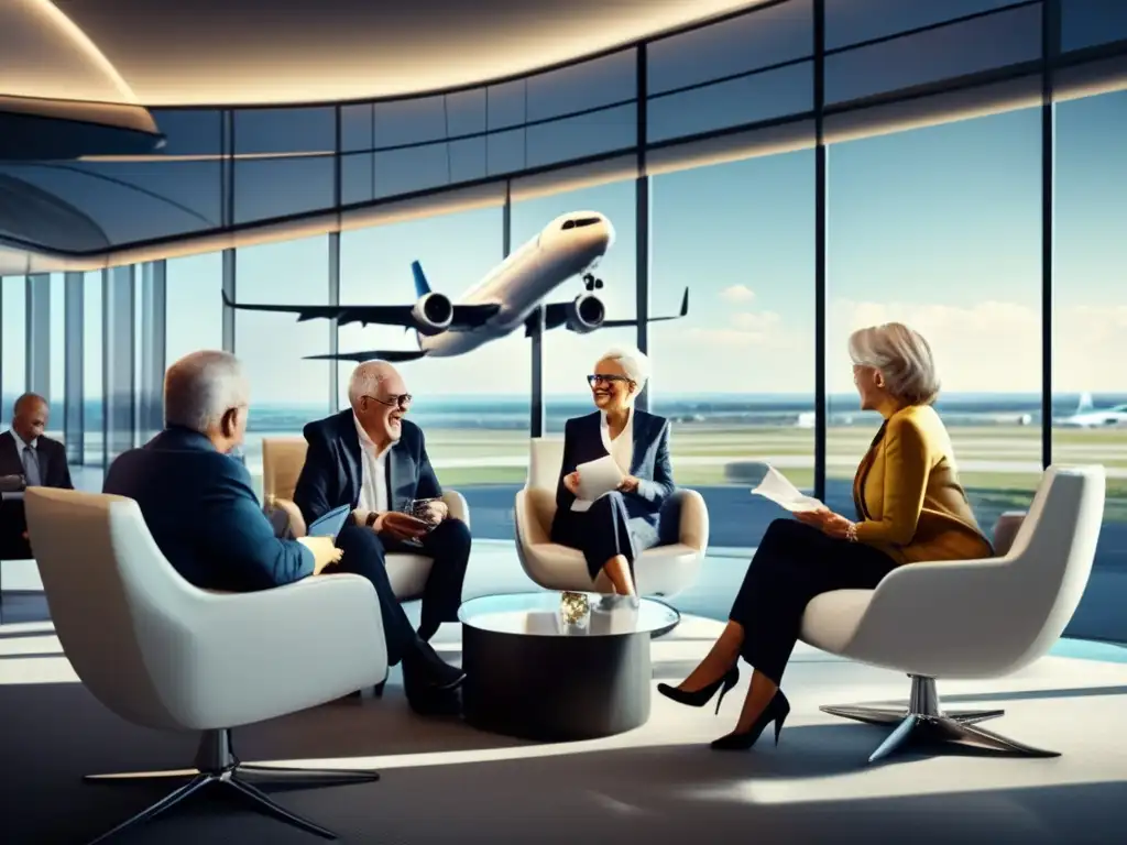 Grupo de adultos mayores elegantes en lounge de aeropuerto Adultos mayores sonrientes con documentación de viaje en una elegante sala de espera de aeropuerto