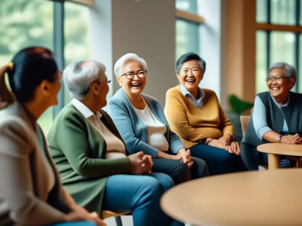 Aprendizaje de idiomas para adultos mayores Viajes lingüísticos para adultos mayores en un aula moderna y espaciosa, con luz natural y una atmosfera vibrante de aprendizaje colaborativo