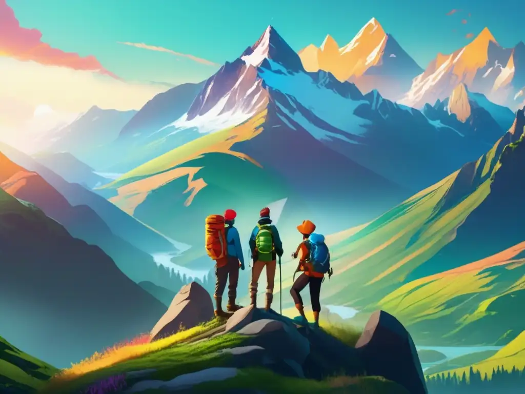 Grupo de aventureros en una montaña espectacular Grupo de aventureros en montaña: Seguro de viaje para aventuras seguras