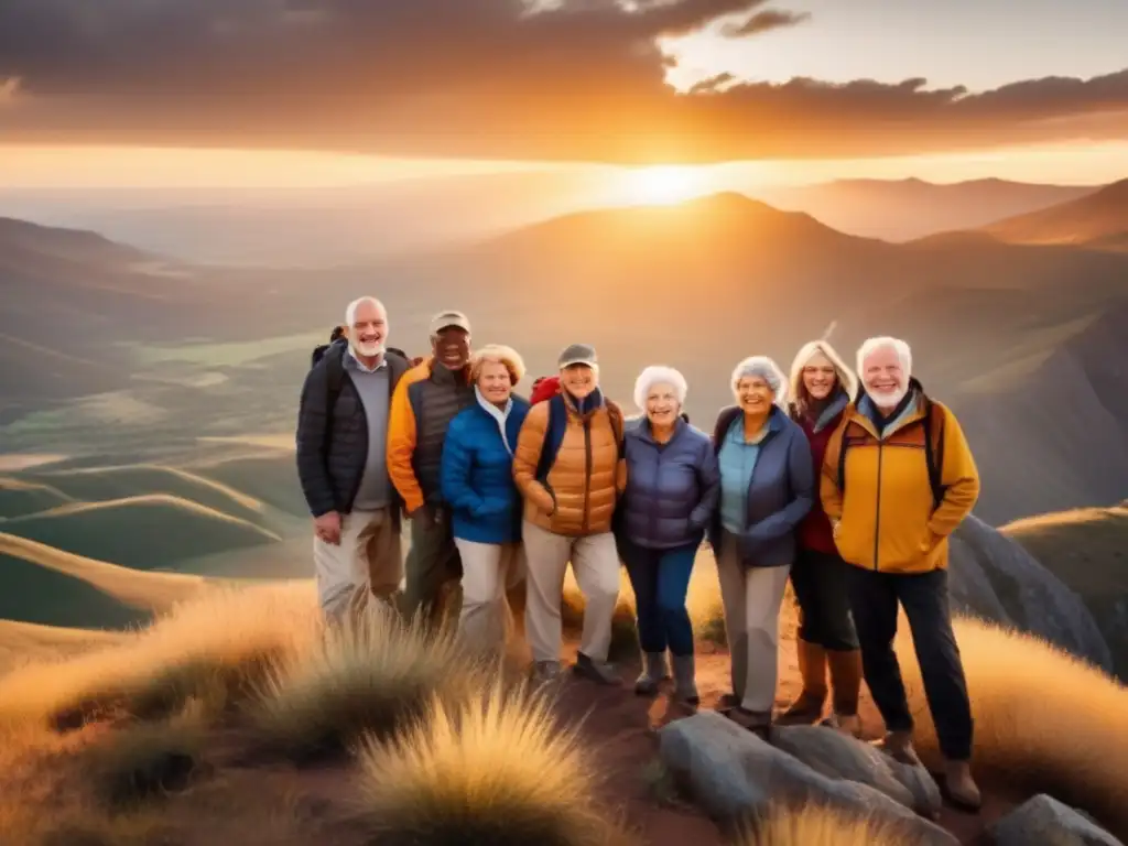 Grupo de ancianos en montaña, admirando atardecer Preparación viajes grupales seniors en majestuosa montaña