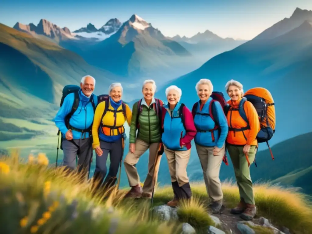 Seniors aventureros en montaña Grupo aventurero de adultos mayores en montaña, reflejando vitalidad y alegría