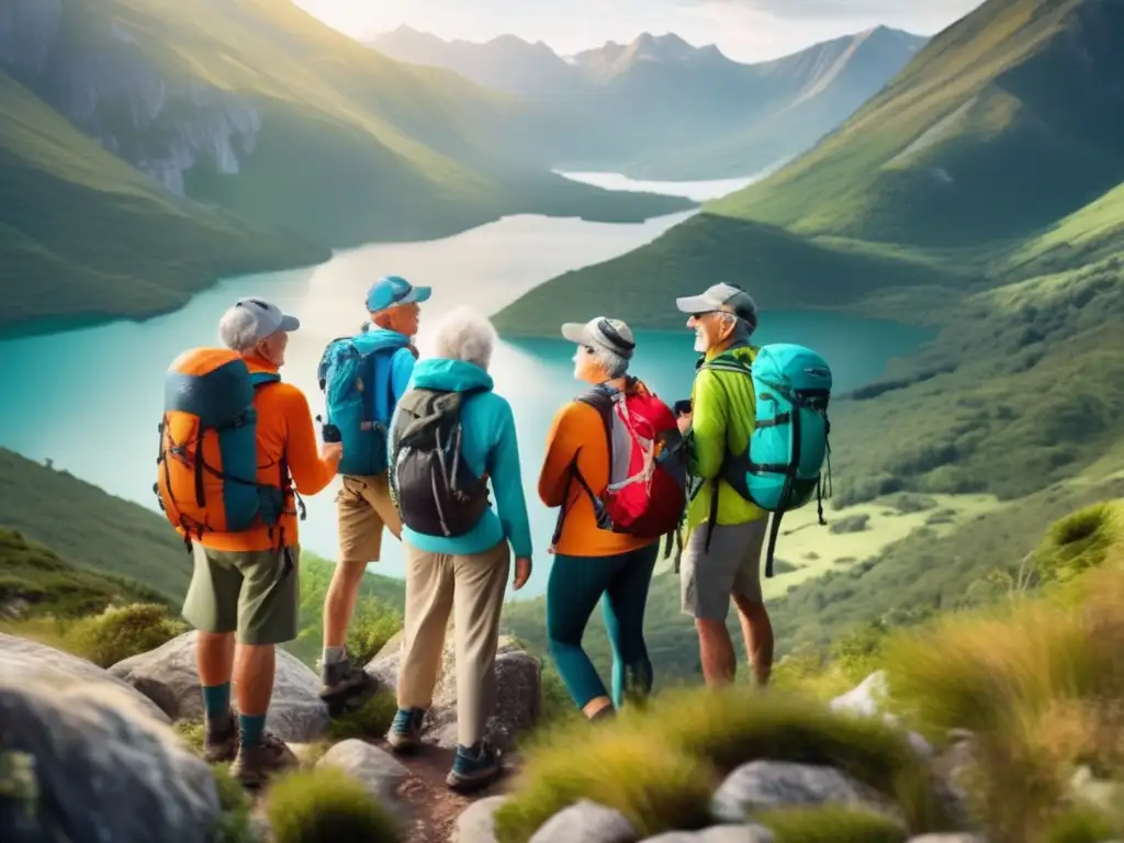 Aventureros senior disfrutando de la naturaleza Consejos nutrición para viajeros senior aventura en un paisaje de montaña con agua cristalina y vegetación exuberante
