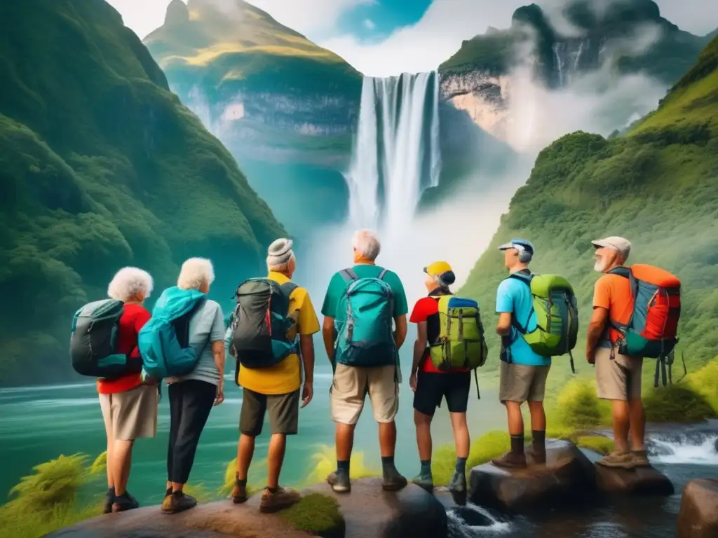 Grupo de aventureros mayores en paisaje impresionante Consejos viajes senior aventuras naturales: Grupo de aventureros senior disfrutando de una impresionante maravilla natural