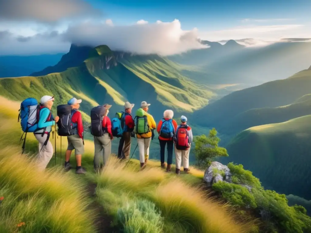 Grupo de adultos mayores en emocionante aventura en la naturaleza, inspirando viajes de aventura