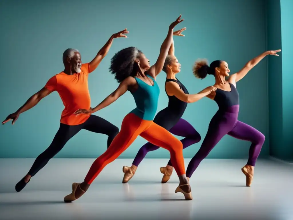 Grupo de bailarines maduros realizando una rutina de danza contemporánea con elegancia y precisión en un estudio bien iluminado
