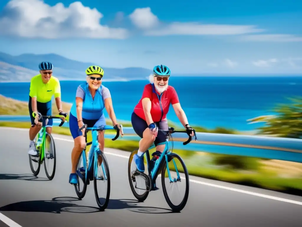 Viajes ciclismo para mayores seguros, grupo feliz recorre carretera costera con mar azul y cielo despejado reflejado en el fondo
