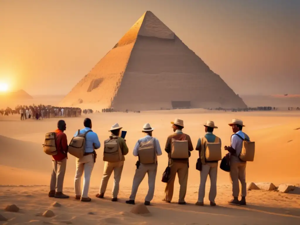Grupo de entusiastas arqueólogos en la base de la Gran Pirámide de Giza Grupo de entusiastas de arqueología en viajes - Viajes arqueología para mayores