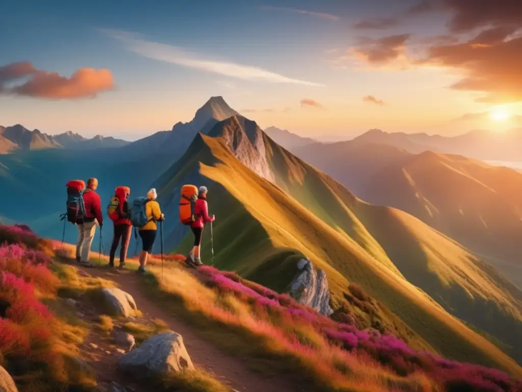 Excursionistas disfrutando de la naturaleza Consejos senderismo viajeros maduros: grupo de hikers en cumbre montañosa con paisaje impresionante al atardecer