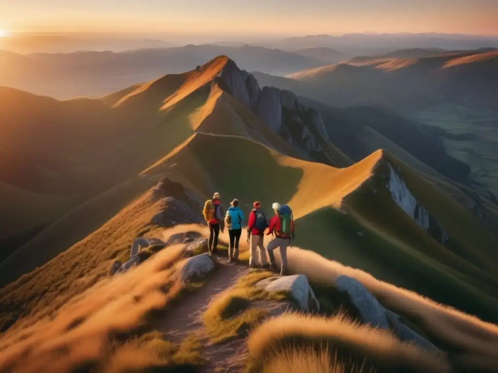 Hikers conquistando montaña al atardecer Conquista montañas junto a senderistas maduros: Consejos para aventureros
