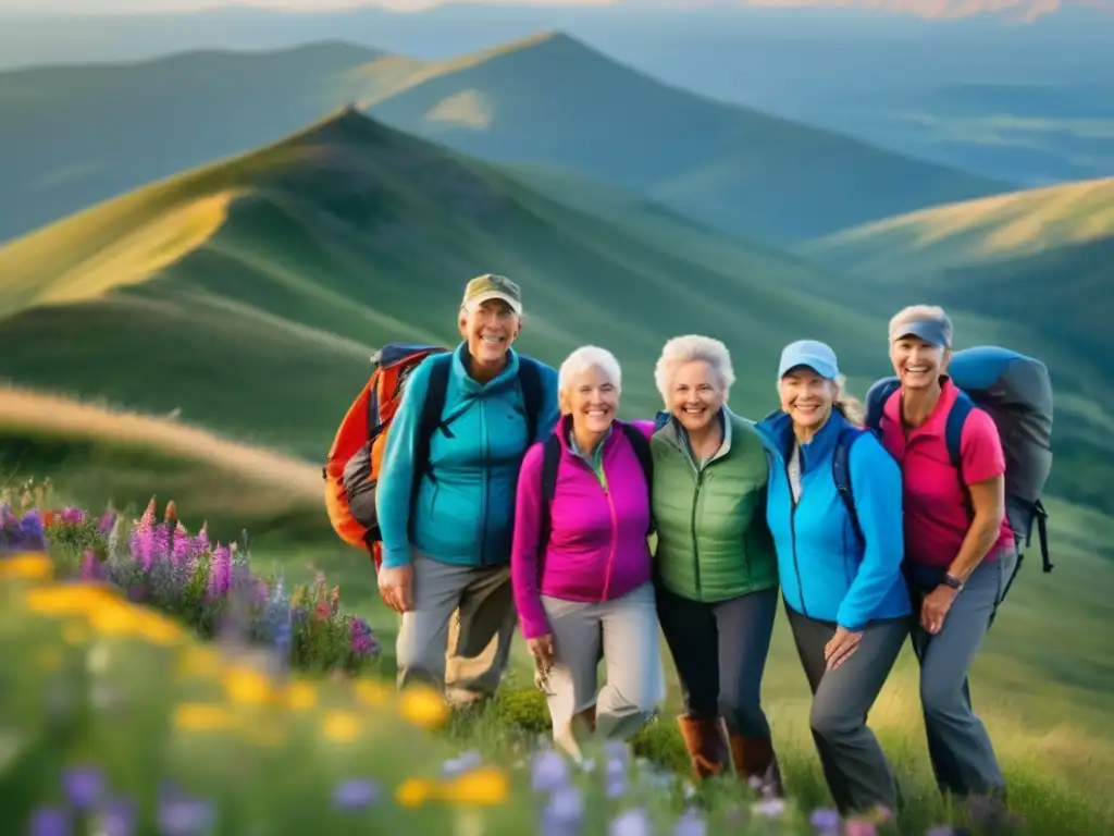 Grupo de excursionistas maduros celebra cumbre con vista panorámica Senderismo para viajeros maduros, cumbre impresionante, naturaleza vibrante, logros y alegría