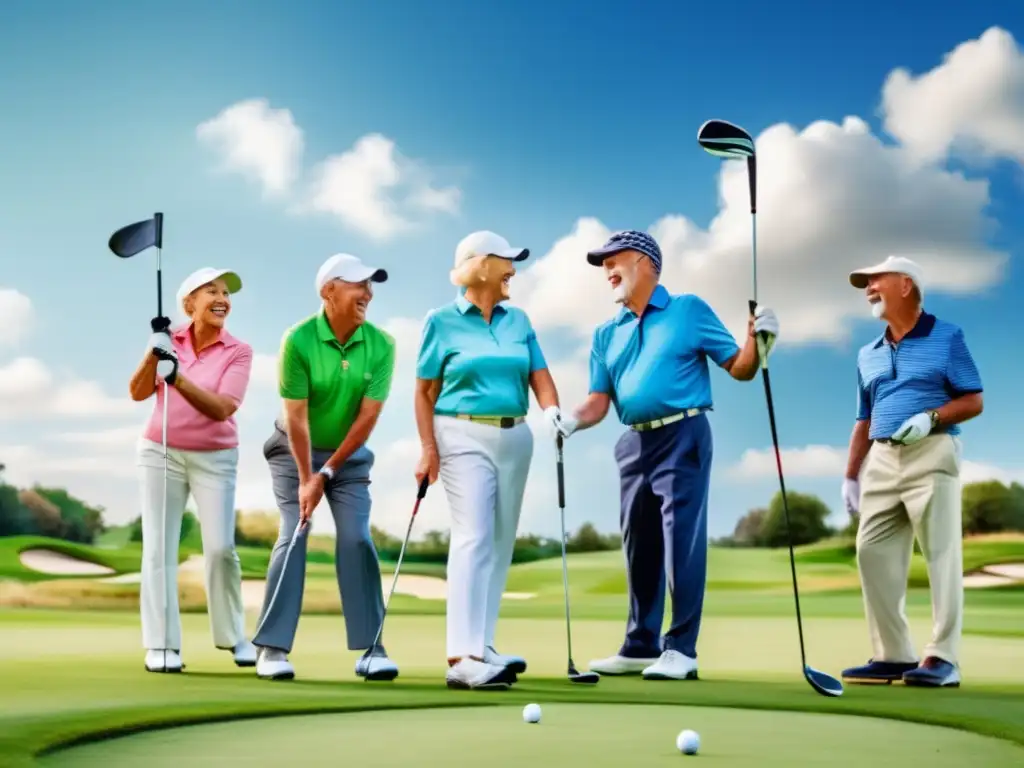 Golfistas senior disfrutando de un hermoso día en el campo Beneficios de viajes de golf para mayores: grupo de golfistas senior en un campo perfectamente cuidado, disfrutando del juego y del entorno