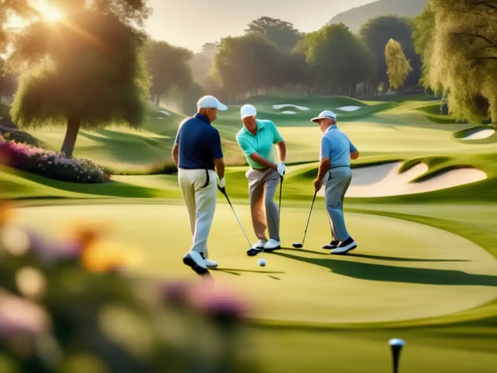 Golfistas seniors disfrutan de un campo de golf pintoresco Beneficios de viajes de golf para mayores en un campo pintoresco rodeado de naturaleza exuberante, golfistas disfrutan del juego y la camaradería