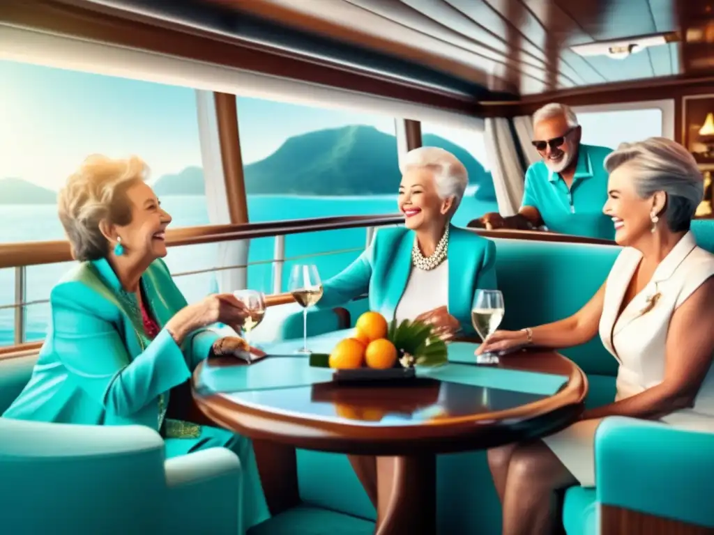 Seniors disfrutan lujoso crucero Grupo de viajeros mayores felices en un crucero de lujo, rodeados de aguas turquesas y islas tropicales