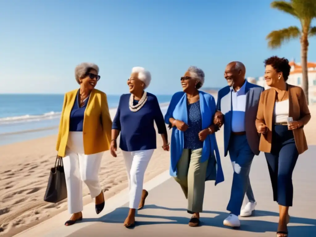 Seniors felices disfrutando de la playa Un grupo de adultos mayores disfrutando de un paseo en la playa, irradiando felicidad y confianza