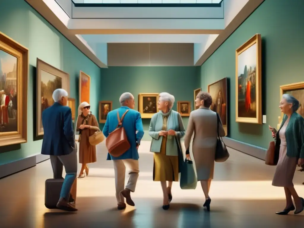 Grupo de mayores disfrutando arte en museo Aventuras culturales para viajeros seniors en un museo lleno de arte vibrante y expresiones artísticas diversas