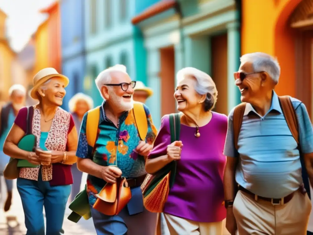 Alegre grupo de adultos mayores explorando una hermosa ciudad Viajes en grupo seniors: Alegre recorrido por ciudad pintoresca
