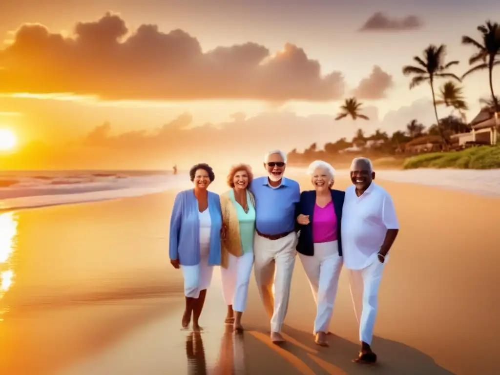 Seniors felices en playa al atardecer Grupo feliz de adultos mayores disfrutando de experiencias de viajes en una playa al atardecer