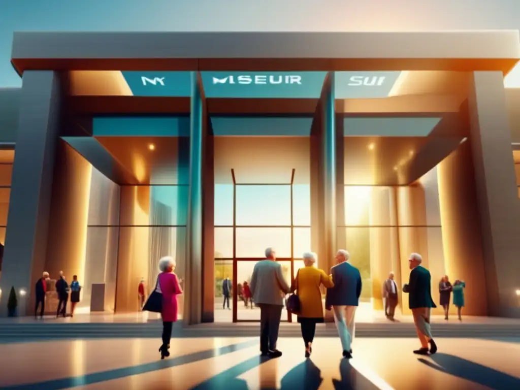 Grupo de adultos mayores en la entrada de un museo moderno Viajes culturales para seniors en un museo moderno con vibrante arquitectura y un grupo de personas animadas frente a la entrada