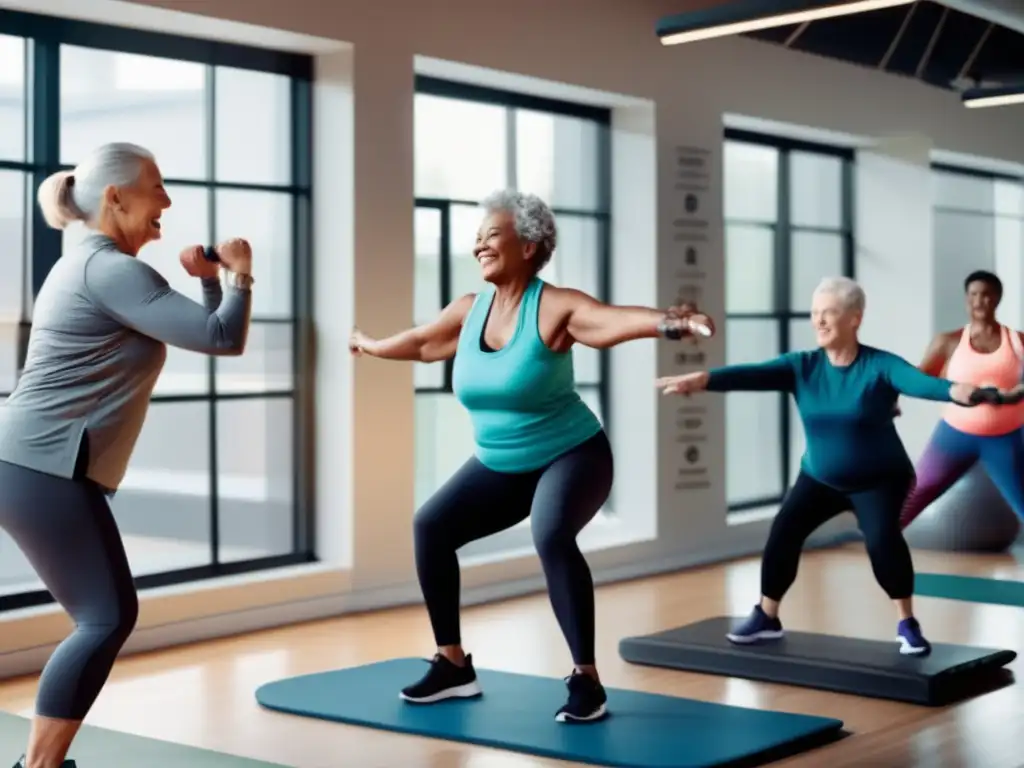 Clase de ejercicios de resistencia para adultos mayores Ejercicios de resistencia para seniors viajeros en un estudio de fitness luminoso y motivador