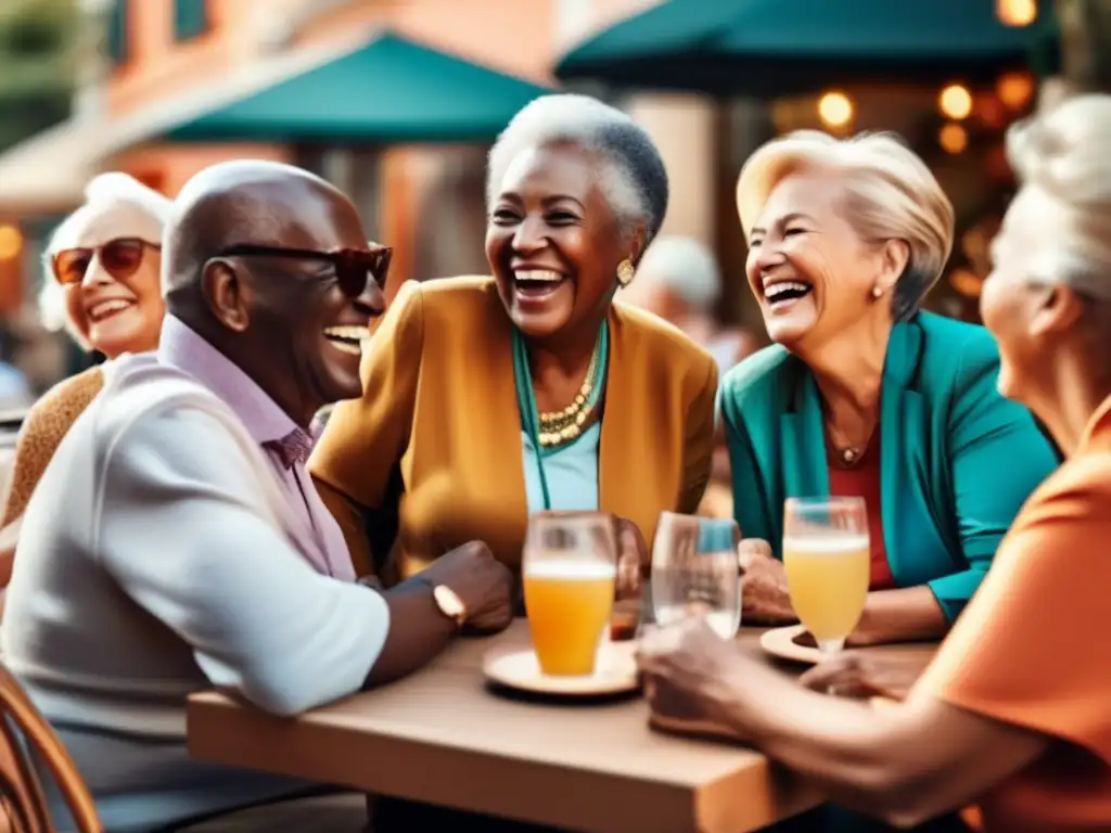 Grupo diverso de personas mayores disfrutando en un café al aire libre Grupo de seniors disfrutando la compañía en un café al aire libre, reflejando los beneficios de viajes en grupo para seniors