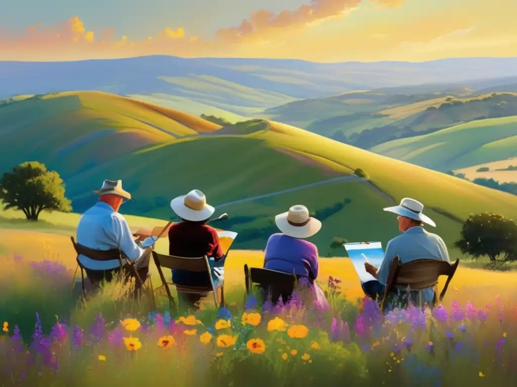 Pintores seniors en paisaje idílico Grupo de pintores mayores en viajes de pintura capturando paisajes (110 caracteres)