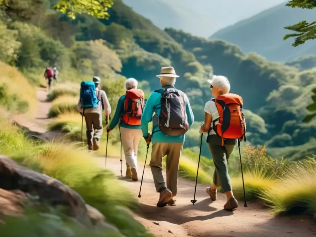 Grupo de ancianos disfrutando de viajes sostenibles en la naturaleza