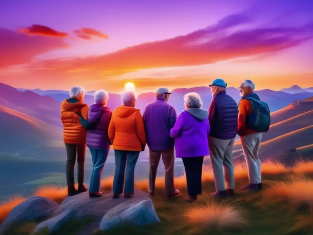 Grupo de seniors disfrutando del atardecer Viajes en grupo para seniors seguros en una montaña al atardecer