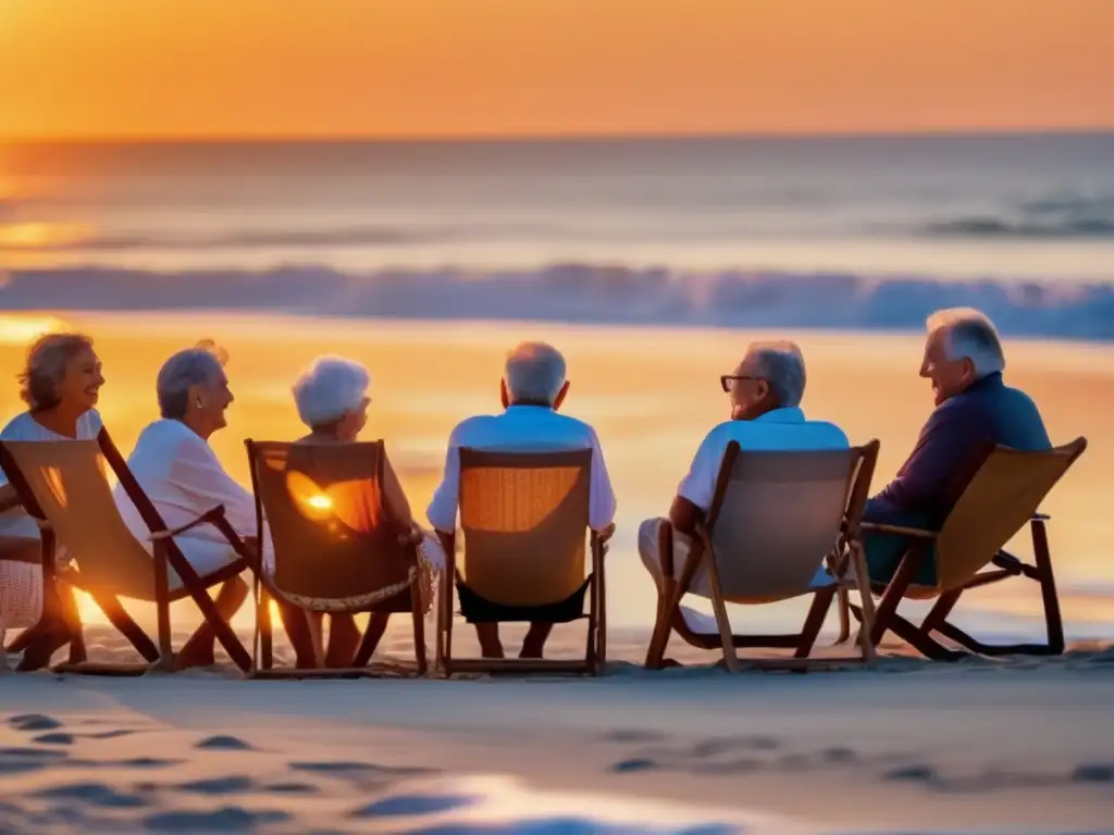 Grupo de seniors disfrutando la playa al atardecer Beneficios viajes grupo seniors disfrutando de atardecer en playa dorada