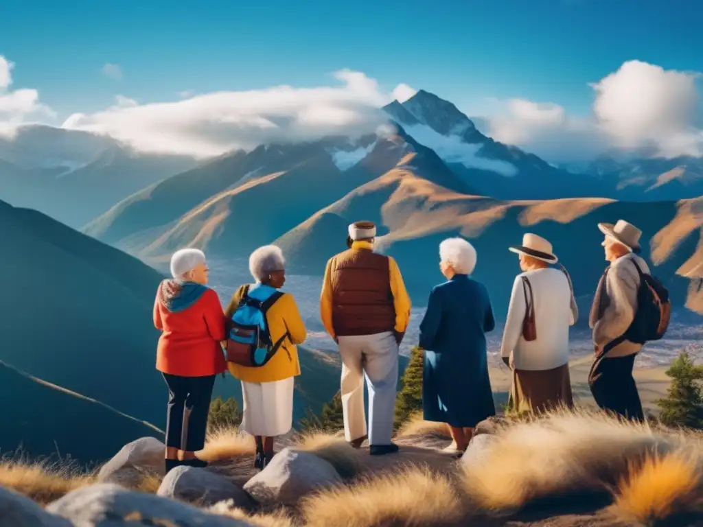 Seniors disfrutando de aventura y amistad en paisaje montañoso Grupo de seniors disfrutando ventajas de viajes en grupo: amistad, aventura y paisajes impresionantes