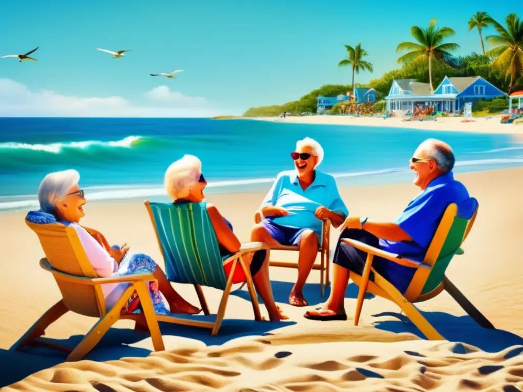 Grupo de seniors disfrutando en la playa Viajes en grupo para seniors seguros en una playa pintoresca, con cielo azul y olas suaves