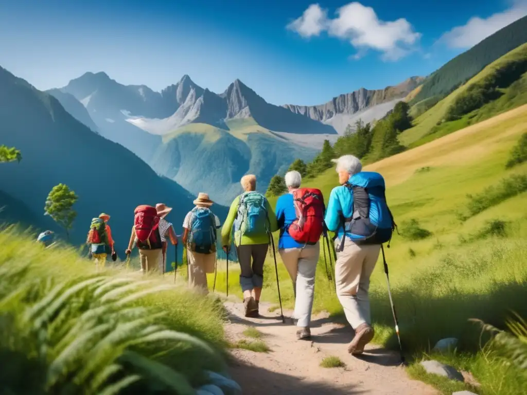 Grupo de seniors disfrutando una aventura en paisaje impresionante Excursion aventura adultos mayores en paisaje impresionante