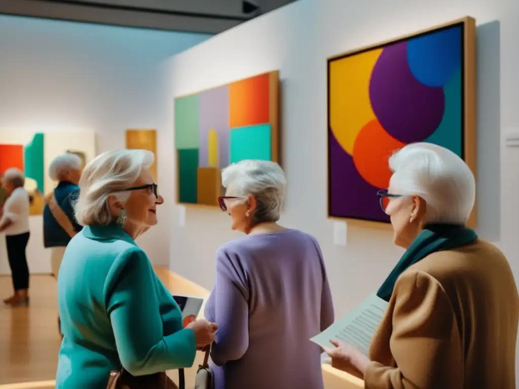 Seniors disfrutando arte contemporáneo Viajes culturales para seniors enriquecedores: grupo disfrutando arte contemporáneo en museo luminoso