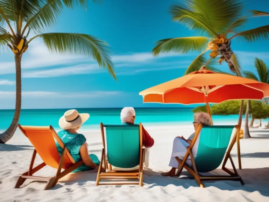 Grupo de mayores disfrutando en la playa Ventajas viajes en grupo seniors: imagen de 8k detallada de un grupo de mayores en una playa escénica, rodeados de palmeras y agua turquesa cristalina