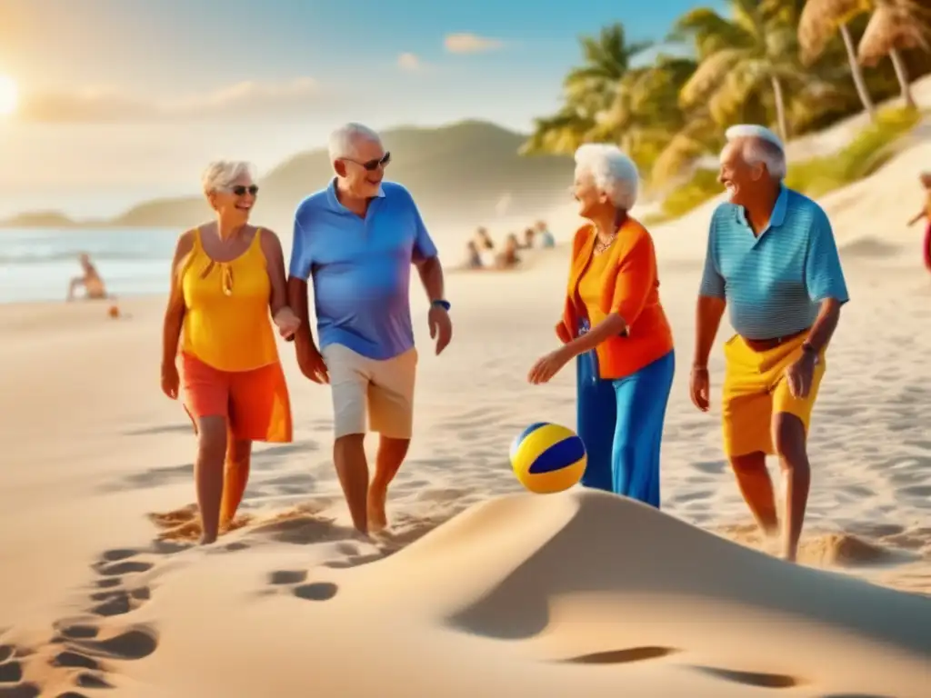 Grupo de mayores disfrutando en la playa Grupo de seniors en playa paradisíaca disfrutando actividades - Agencias de viajes para seniors