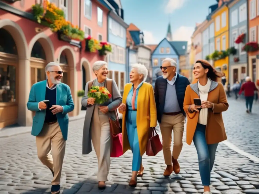 Grupo de seniors explorando ciudad europea encantadora Grupo de seniors explorando alegremente una encantadora ciudad europea