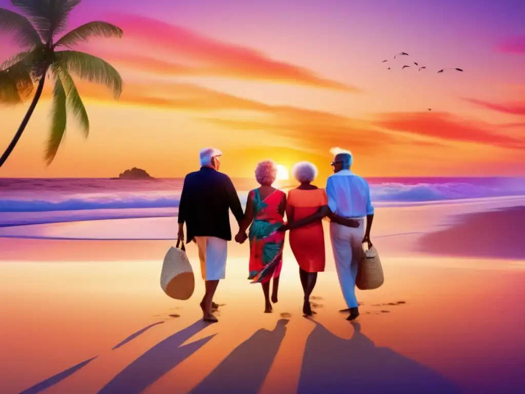 Grupo de seniors felices en la playa al atardecer Testimonios de viajeros seniors en una playa al atardecer con palmeras y un cielo de colores