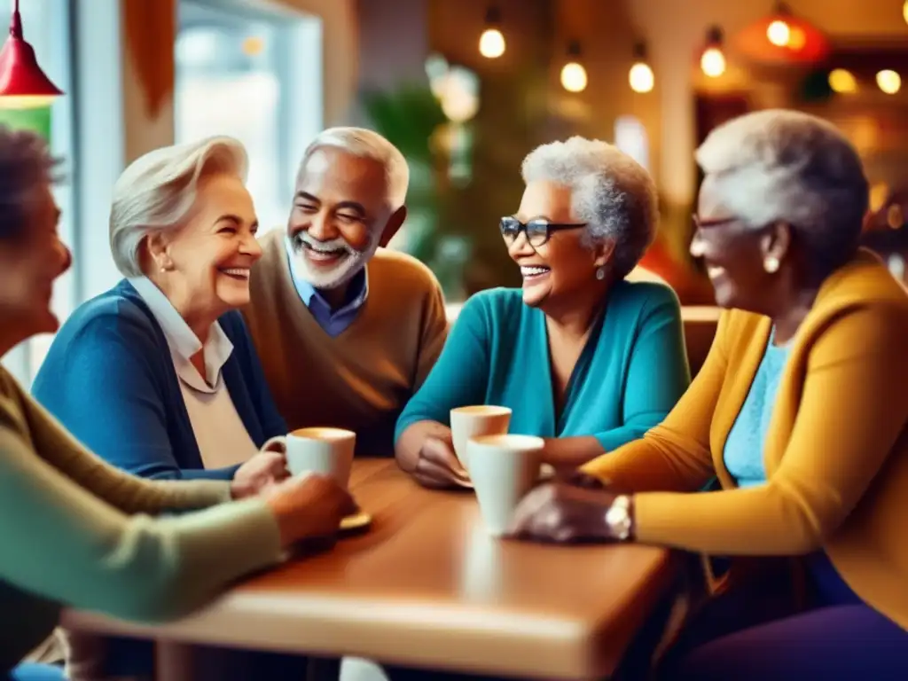 Grupo alegre de mayores en café acogedor Grupo diverso de seniors en animada conversación en un café acogedor