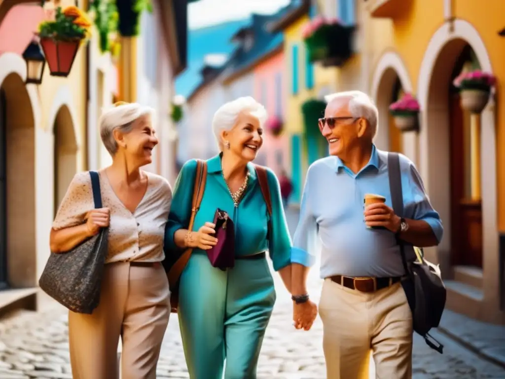 Seniors disfrutan de paseo en encantador pueblo europeo Un grupo de seniors disfrutando de un encantador pueblo europeo, con edificios coloridos, balcones floridos y una animada plaza de mercado
