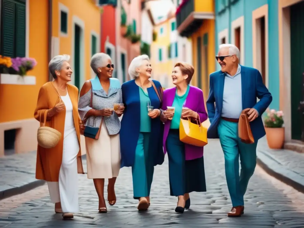 Grupo de seniors disfrutando viaje Ventajas viajes en grupo seniors: Grupo diverso de seniors explorando destino pintoresco, con guía señalando landmarks en una calle adoquinada
