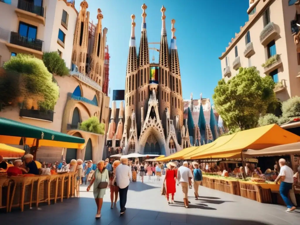 Turistas mayores disfrutando Barcelona Turismo en Barcelona para adultos mayores: grupo de turistas disfrutando de un día soleado en la Sagrada Familia y las Ramblas