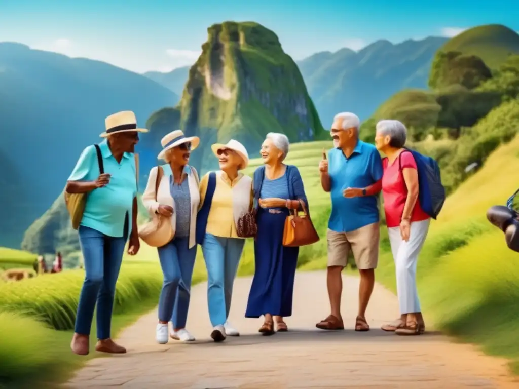 Grupo de turistas mayores felices frente a un hito pintoresco