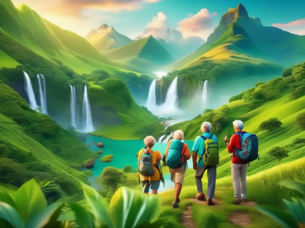 Grupo de viajeros mayores disfrutando de la naturaleza Aventuras ecológicas para viajeros maduros en impresionante imagen 8k de naturaleza exuberante y paisajes cautivadores