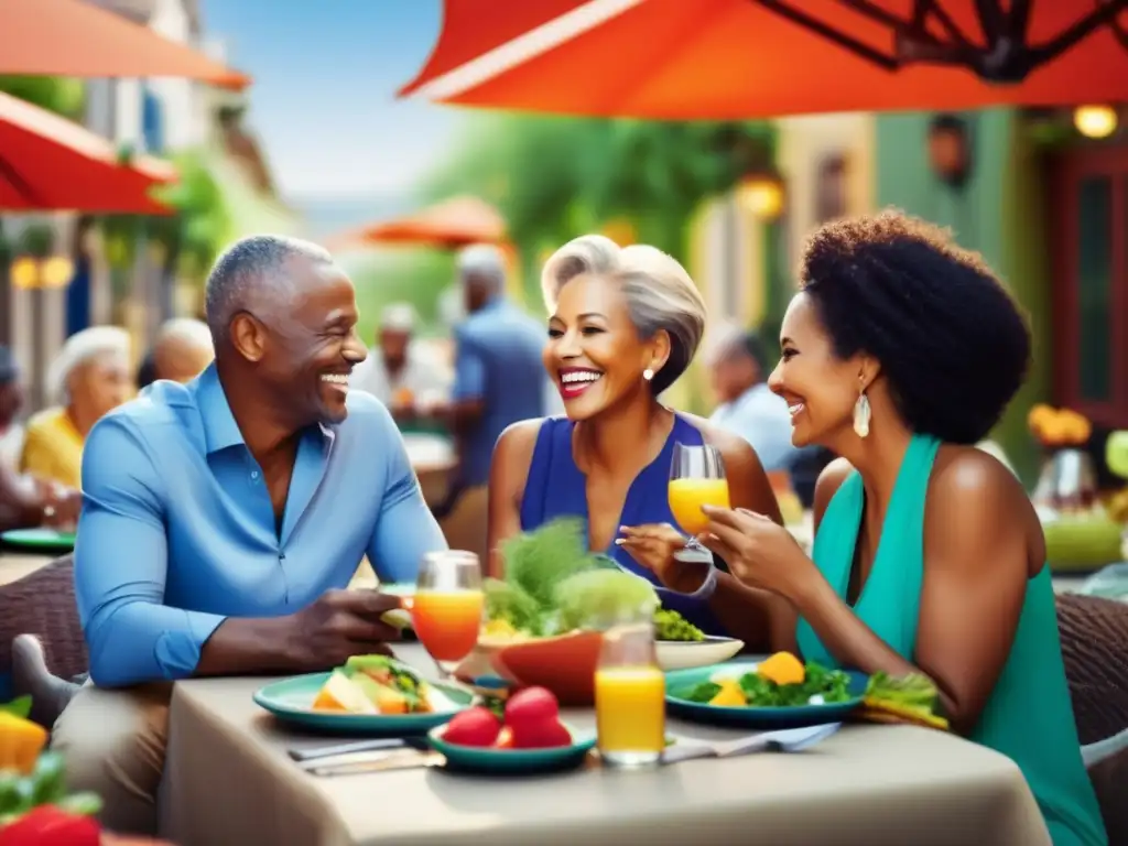 Grupo diverso de viajeros disfrutando de una comida saludable Guía nutrición viajeros maduros con diabetes disfrutando comida saludable en restaurante vibrante