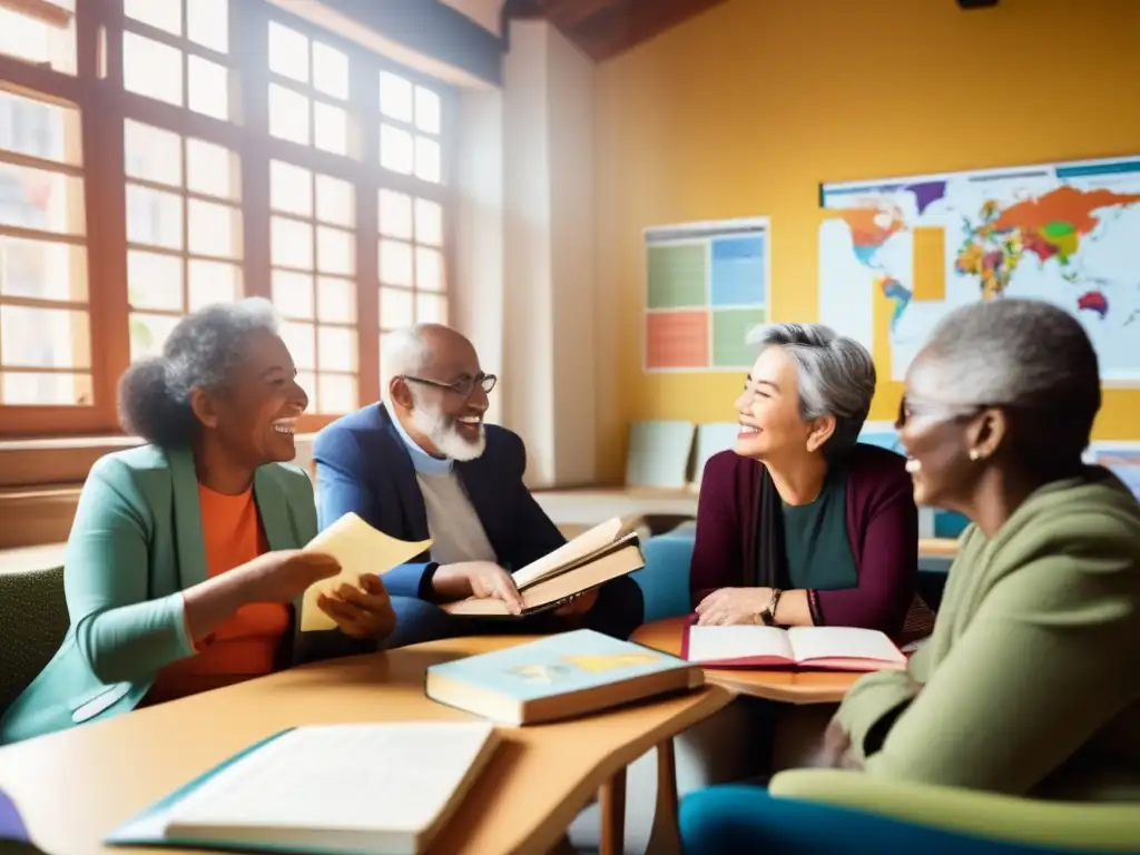 Clase de idiomas para viajeros adultos Preparación viaje lingüístico maduros: grupo emocionado en clase de idiomas rodeado de material educativo