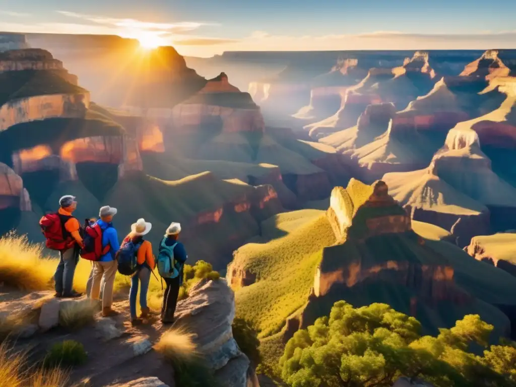 Grupo de viajeros en un majestuoso cañón Experiencias emocionantes para viajeros mayores en un majestuoso escenario natural